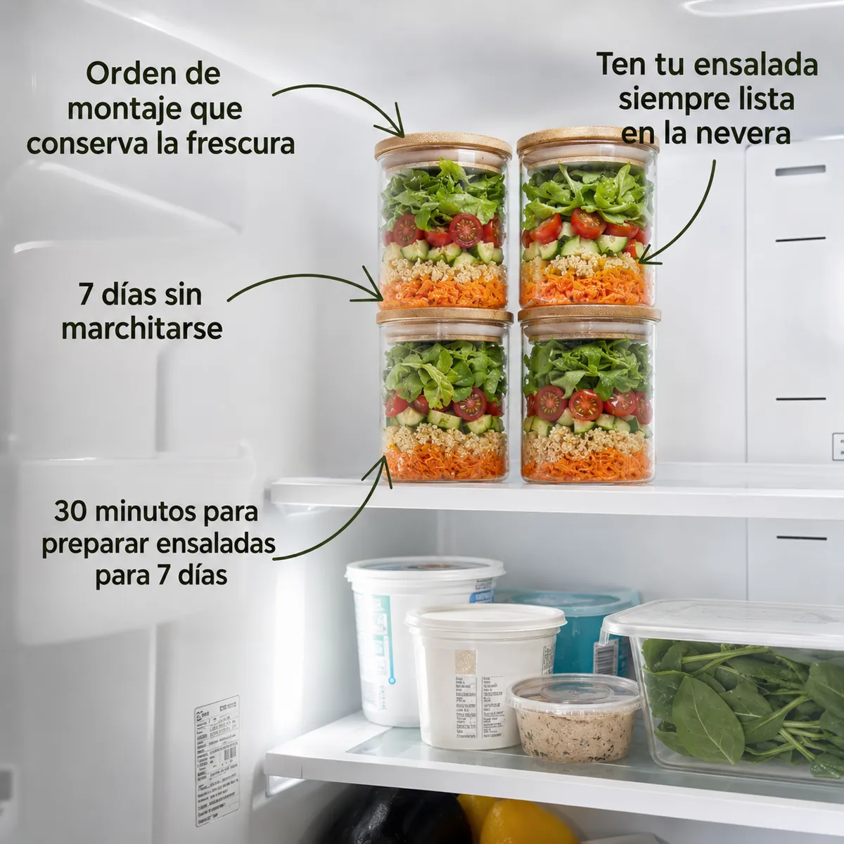 Frascos con ensaladas listos y apilados en la nevera